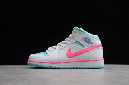 Women's | Air Jordan 1 Mid SE GS White Digital Pink Aurora Green Soar Basketball Shoes