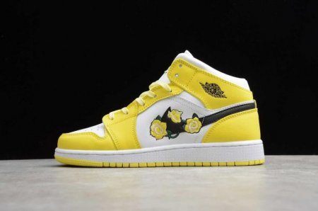 Men's | Air Jordan 1 Mid SE GS White Yellow Embroidery Rose Basketball Shoes